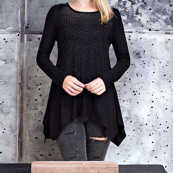 Vocal Black Sharkbite Hem Long Sleeve Tee Tunic Top with Bling Womens Small - Picture 10 of 10